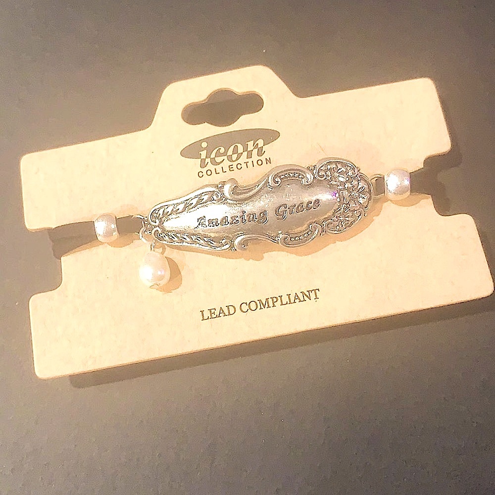 “AMAZING GRACE” Worn Silvertone Spoon Black Cord Bracelet